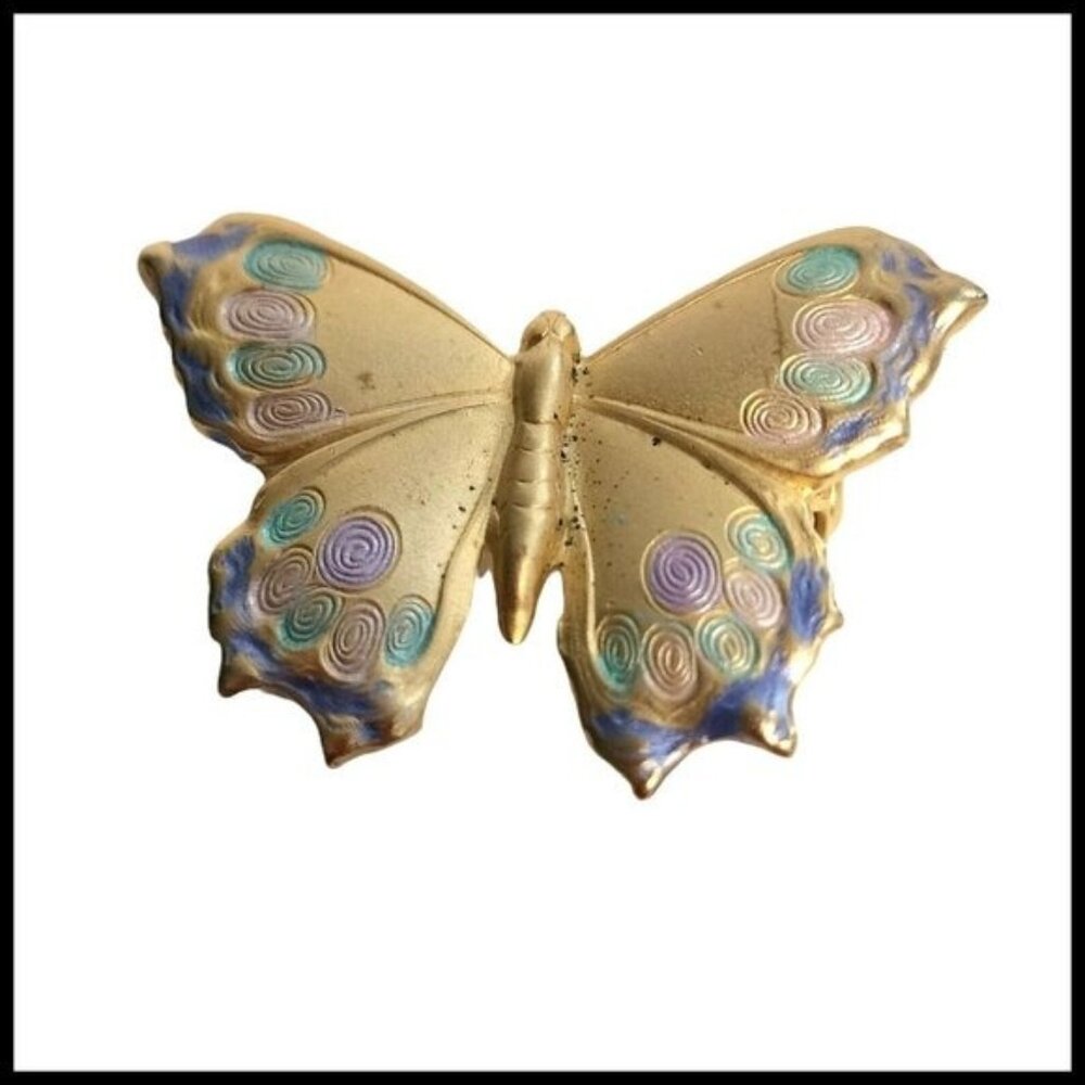 Vintage Gold Tone Butterfly Pink Blue Green Brooch Pin